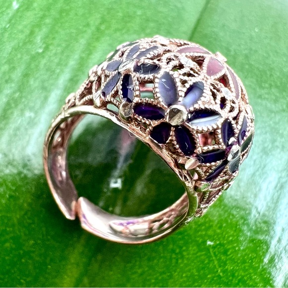 NWT 925 ST SILVER & ENAMEL PERFORATED FILIGREE FLOWERS RING - Picture 5 of 13
